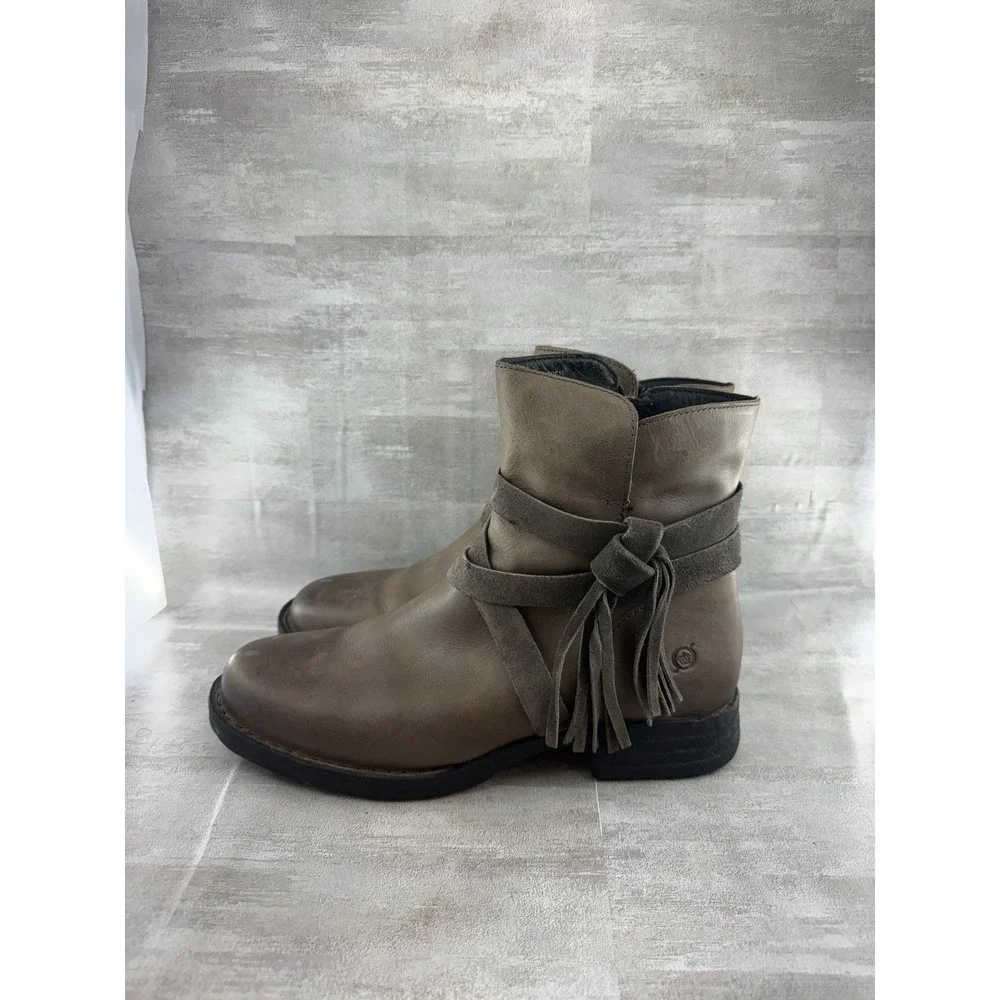 Born Women Taupe Leather Fringe Tassel Ankle Boots F72022 Size 11M